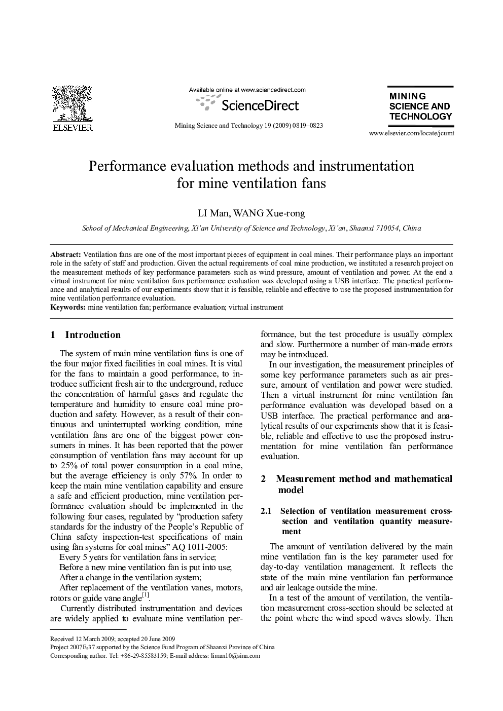 عکس صفحه اول مقاله: Performance evaluation methods and instrumentation for mine ventilation fans Performance evaluation methods and instrumentation for mine ventilation fans