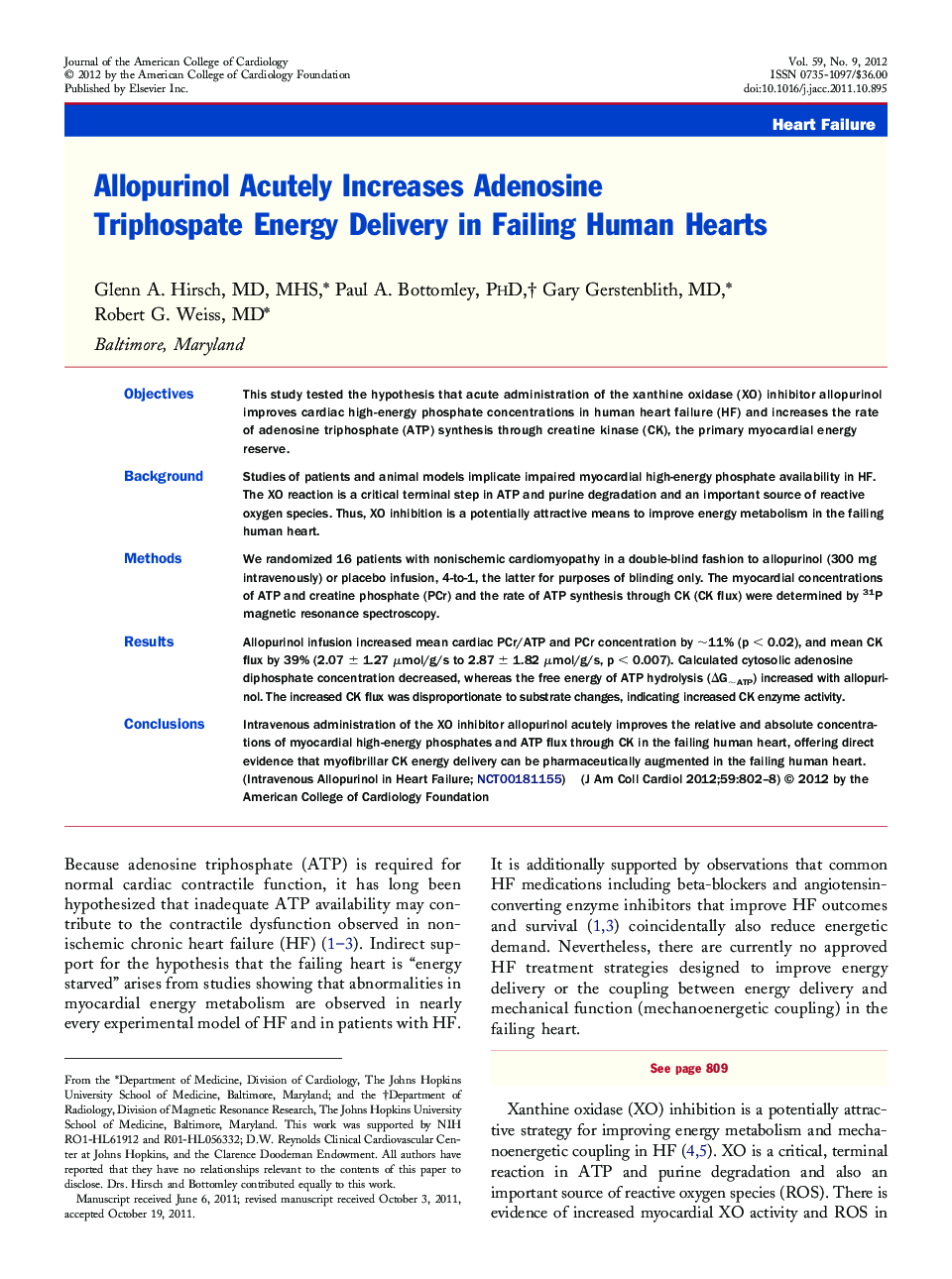 Allopurinol Acutely Increases Adenosine Triphospate Energy Delivery in Failing Human Hearts 