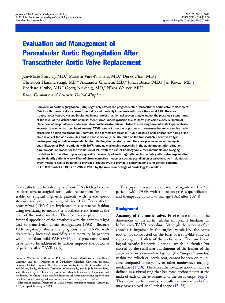 Evaluation and Management of Paravalvular Aortic Regurgitation After Transcatheter Aortic Valve Replacement 