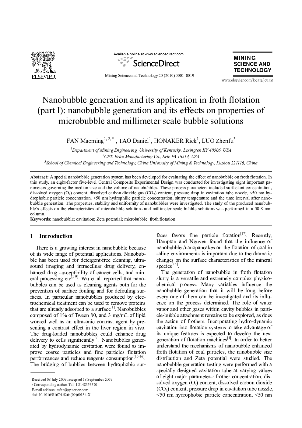 Nanobubble generation and its application in froth flotation (part I): nanobubble generation and its effects on properties of microbubble and millimeter scale bubble solutions