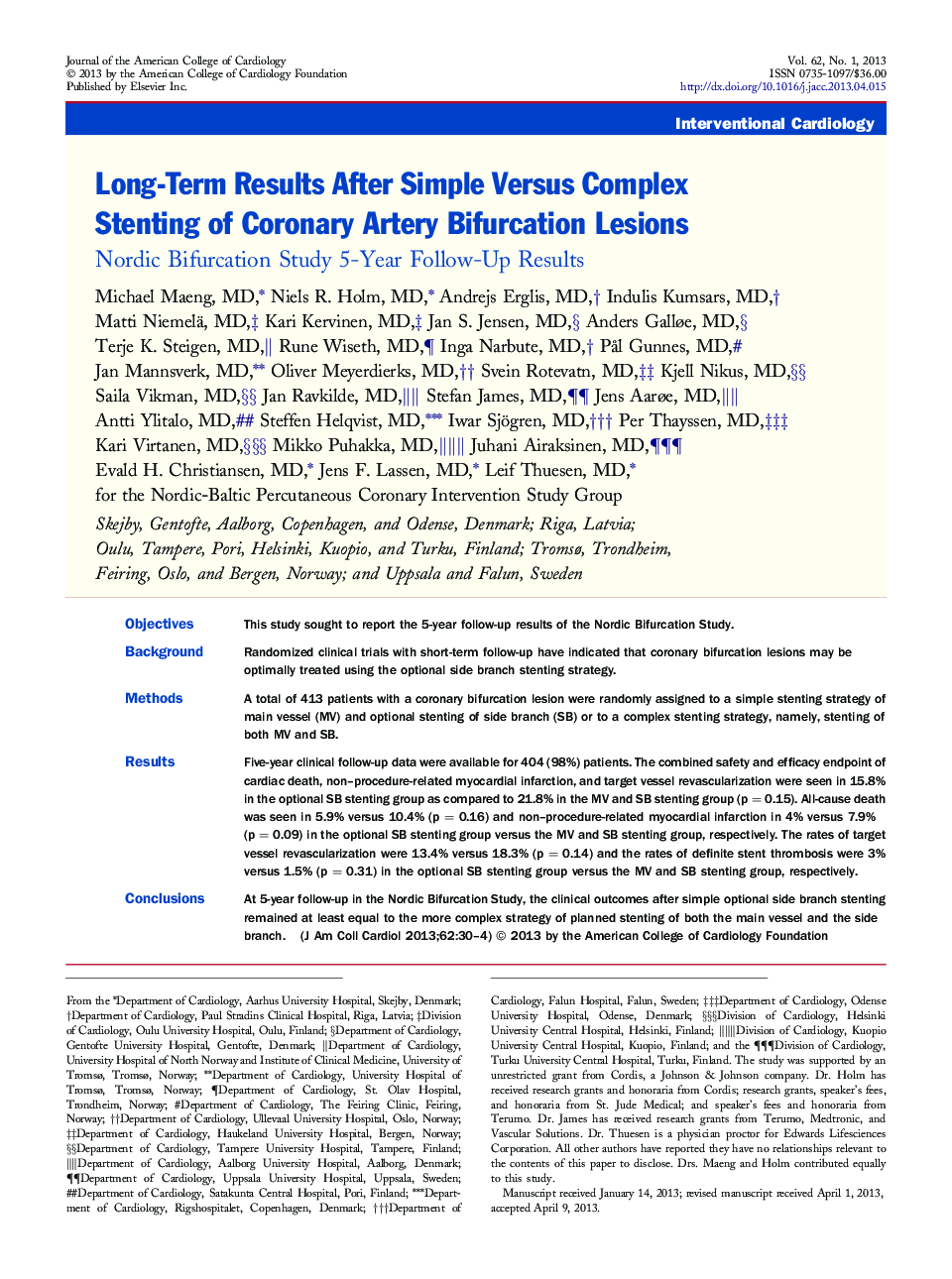 Long-Term Results After Simple Versus Complex Stenting of Coronary Artery Bifurcation Lesions : Nordic Bifurcation Study 5-Year Follow-Up Results