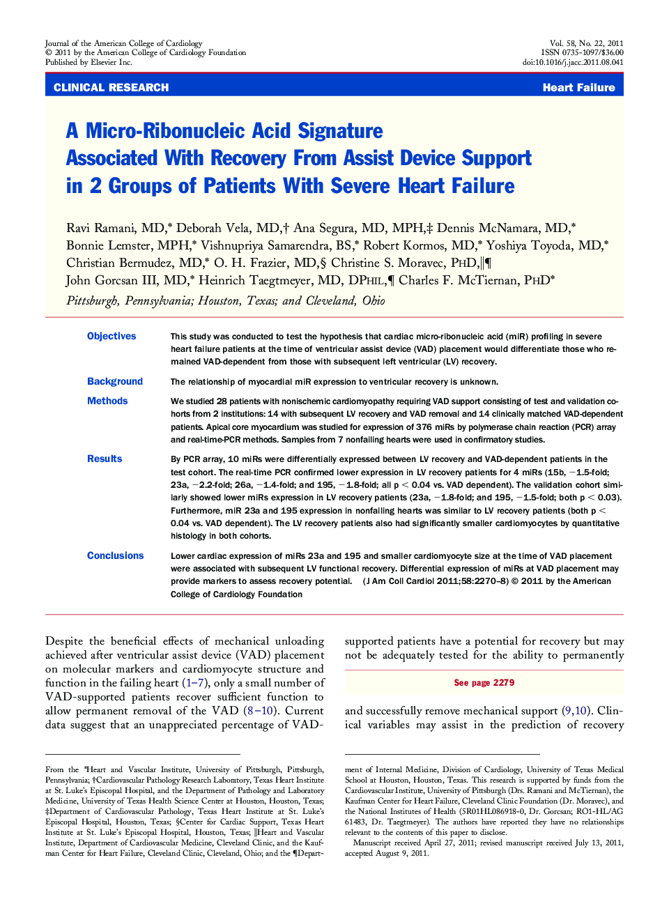 A Micro-Ribonucleic Acid Signature Associated With Recovery From Assist Device Support in 2 Groups of Patients With Severe Heart Failure 
