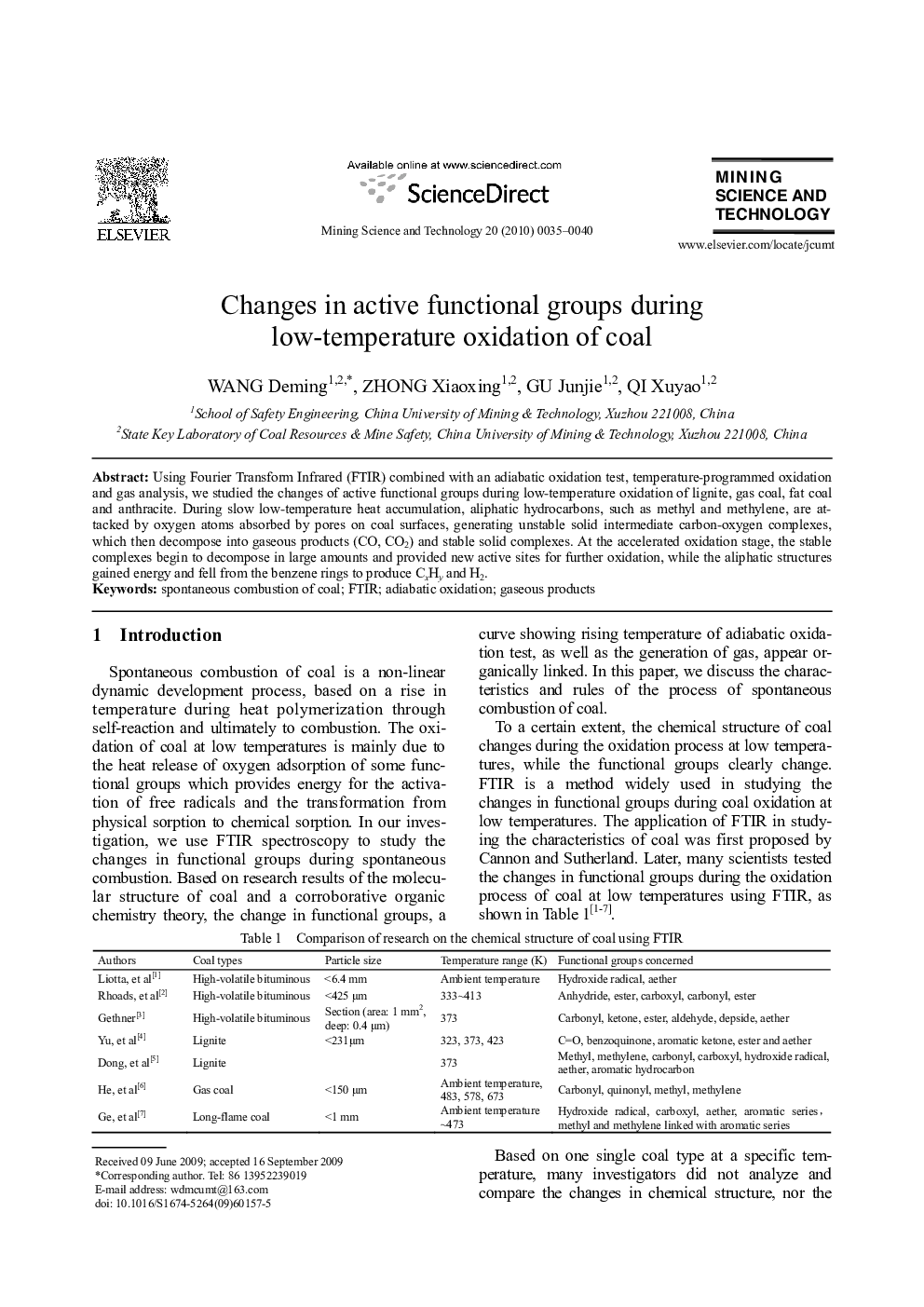 Changes in active functional groups during low-temperature oxidation of coal