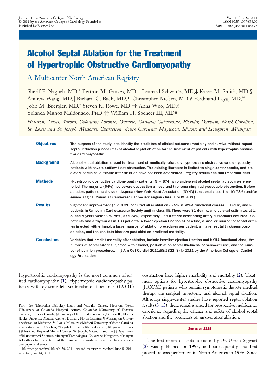 عکس صفحه اول مقاله: Alcohol Septal Ablation for the Treatment of Hypertrophic Obstructive Cardiomyopathy : A Multicenter North American Registry Alcohol Septal Ablation for the Treatment of Hypertrophic Obstructive Cardiomyopathy : A Multicenter North American Registry
