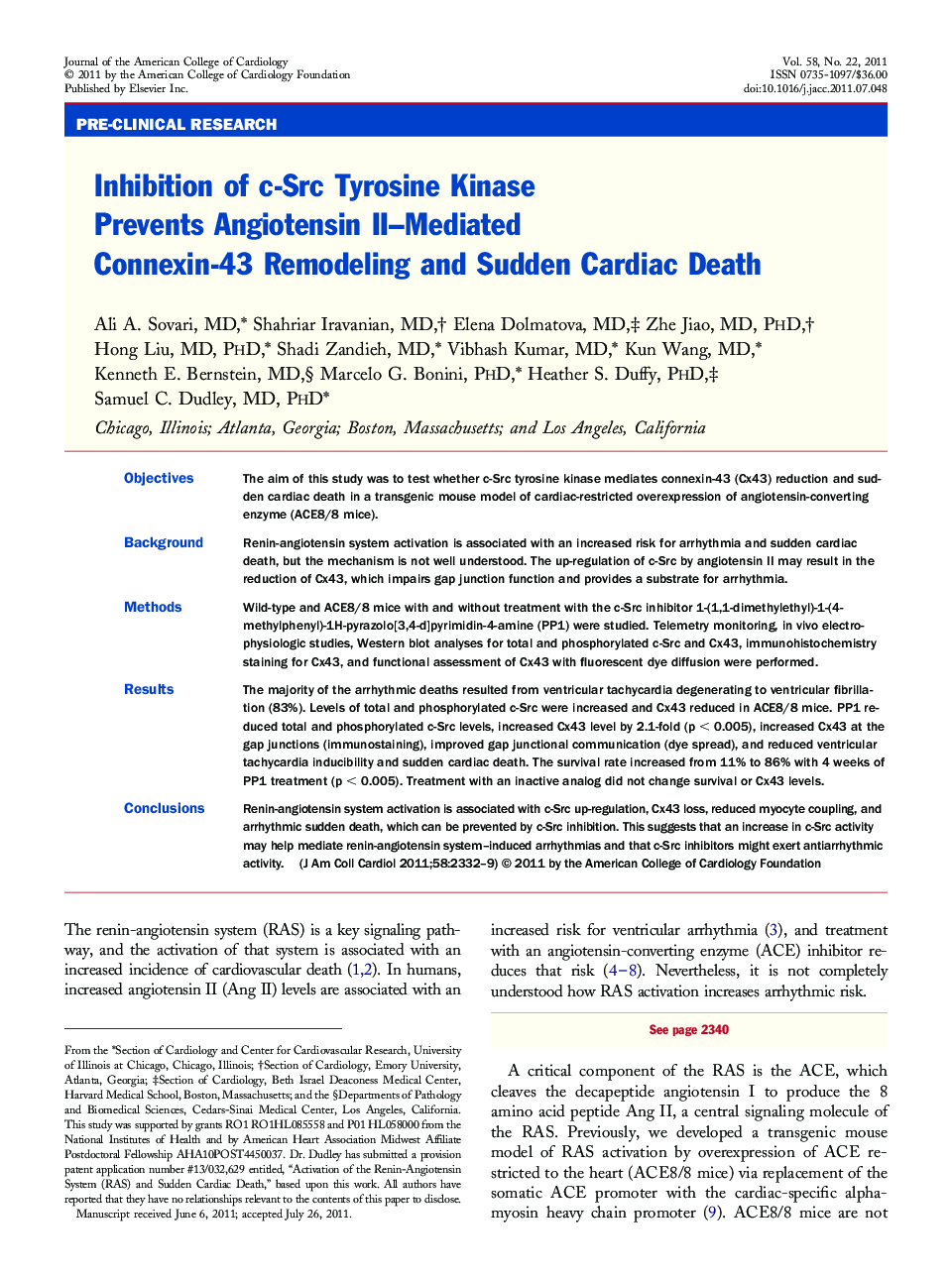 Inhibition of c-Src Tyrosine Kinase Prevents Angiotensin II–Mediated Connexin-43 Remodeling and Sudden Cardiac Death 