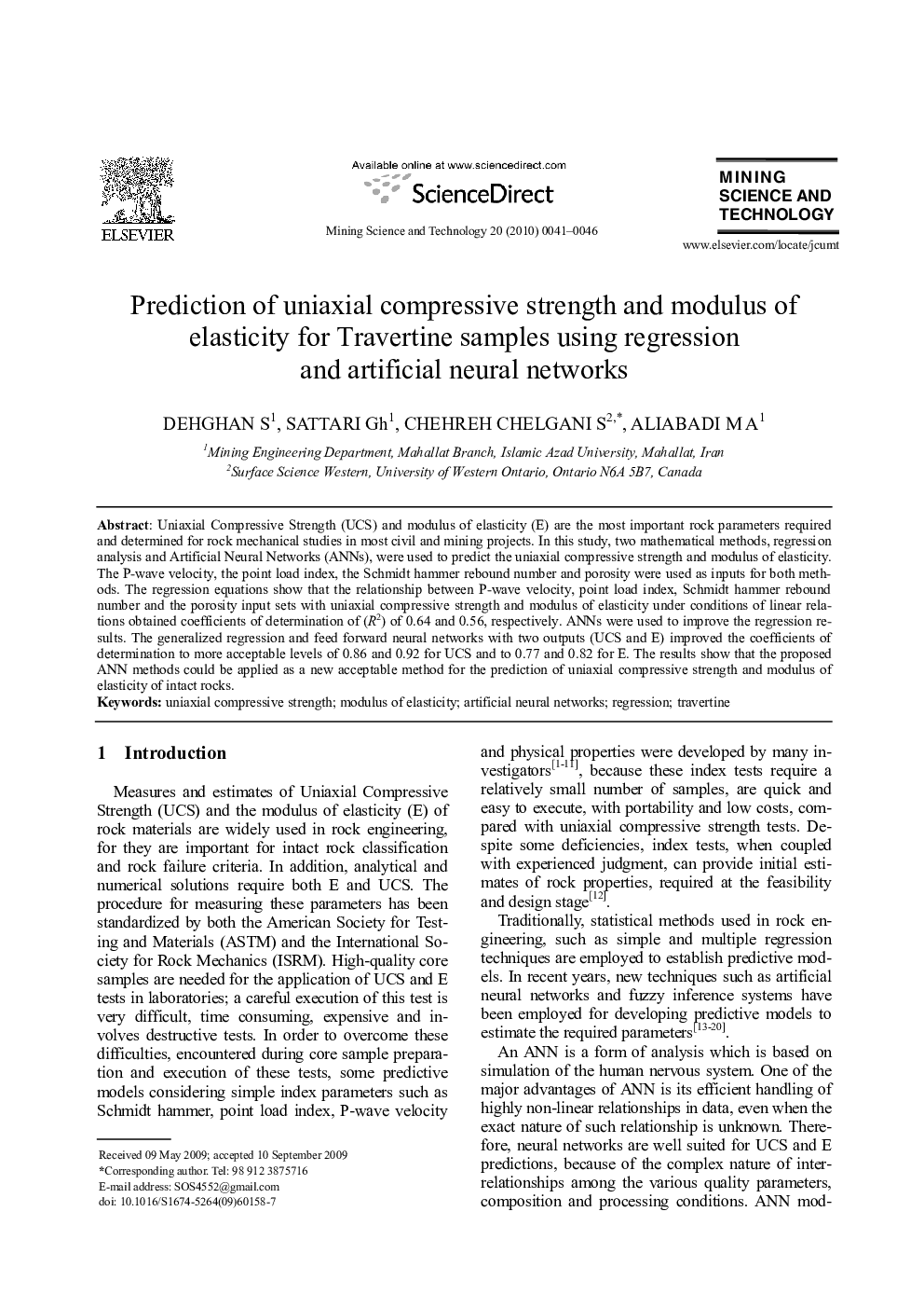 Prediction of uniaxial compressive strength and modulus of elasticity for Travertine samples using regression and artificial neural networks