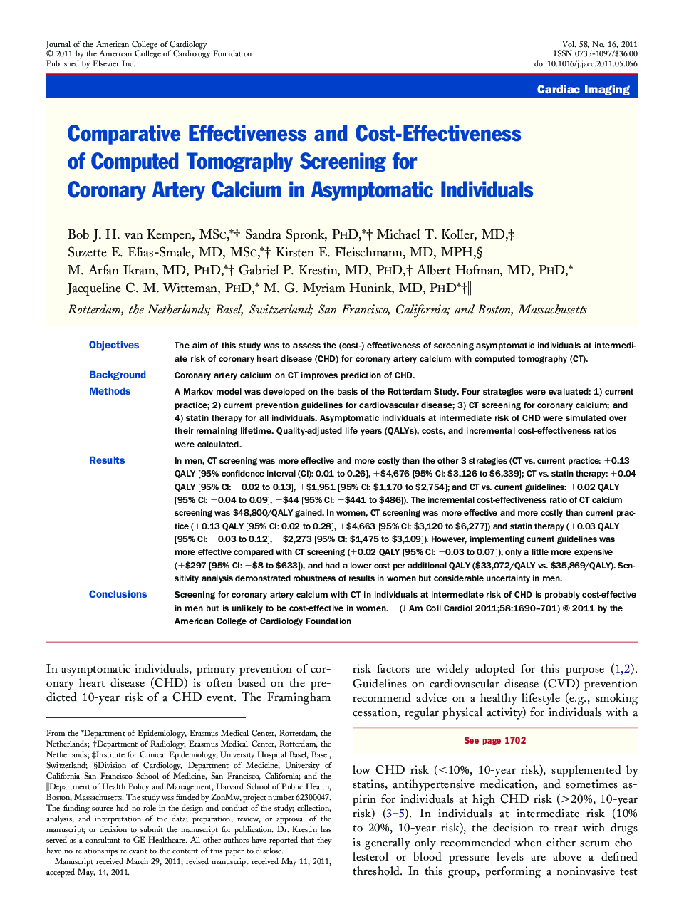 Comparative Effectiveness and Cost-Effectiveness of Computed Tomography Screening for Coronary Artery Calcium in Asymptomatic Individuals 