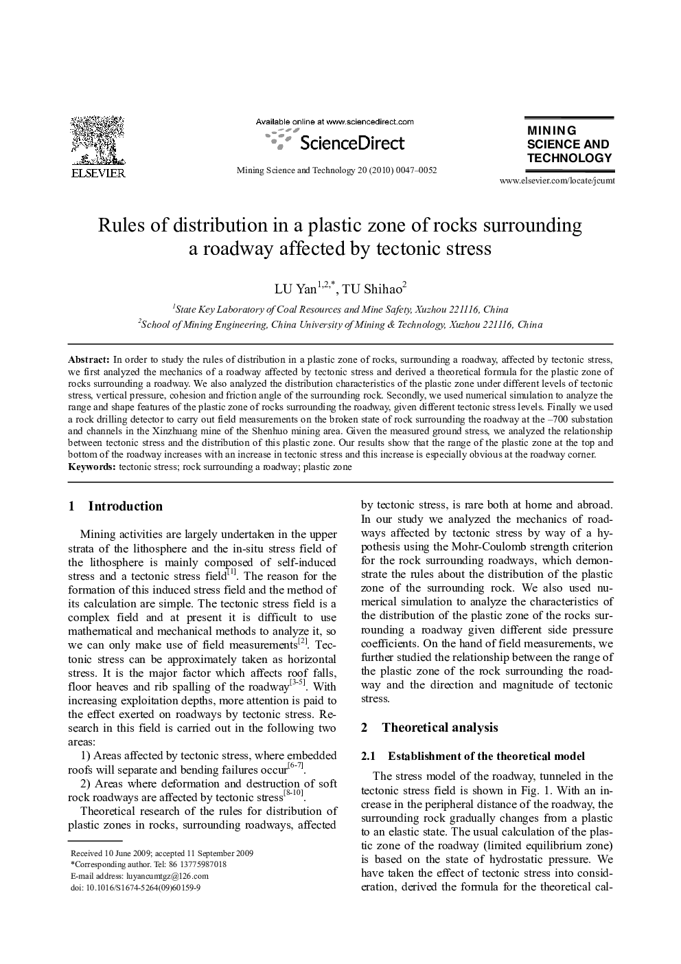Rules of distribution in a plastic zone of rocks surrounding a roadway affected by tectonic stress