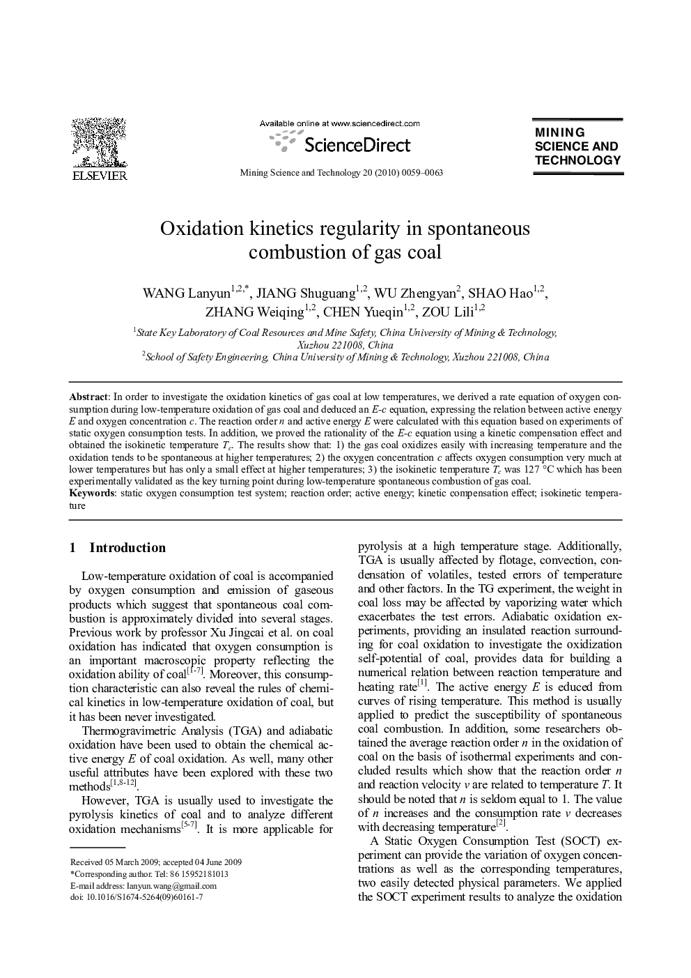 Oxidation kinetics regularity in spontaneous combustion of gas coal
