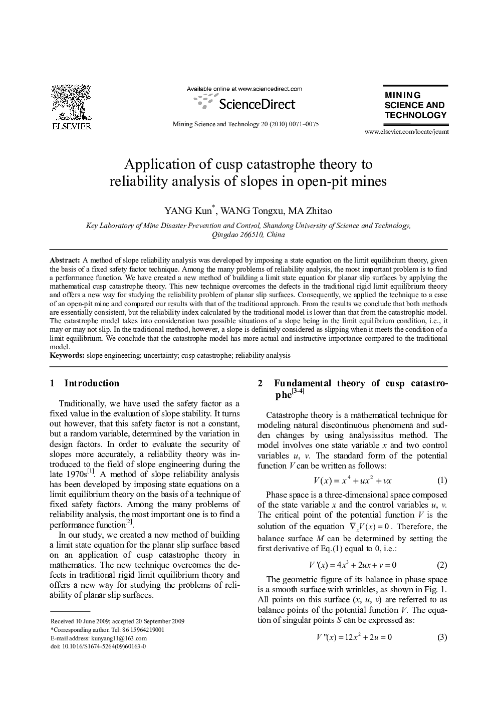 Application of cusp catastrophe theory to reliability analysis of slopes in open-pit mines