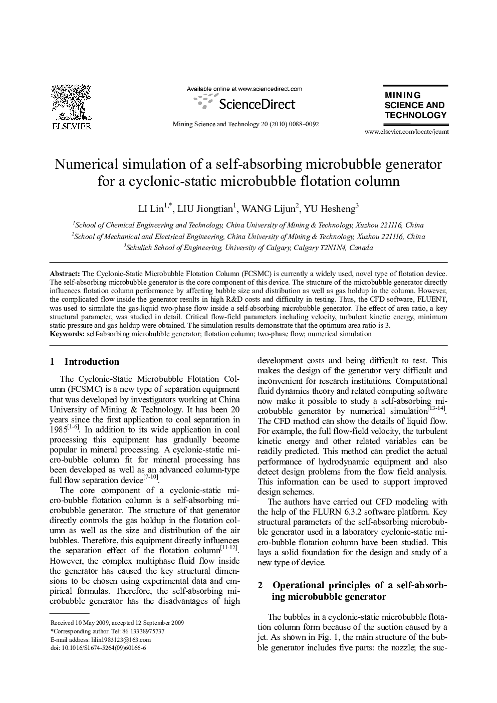 Numerical simulation of a self-absorbing microbubble generator for a cyclonic-static microbubble flotation column
