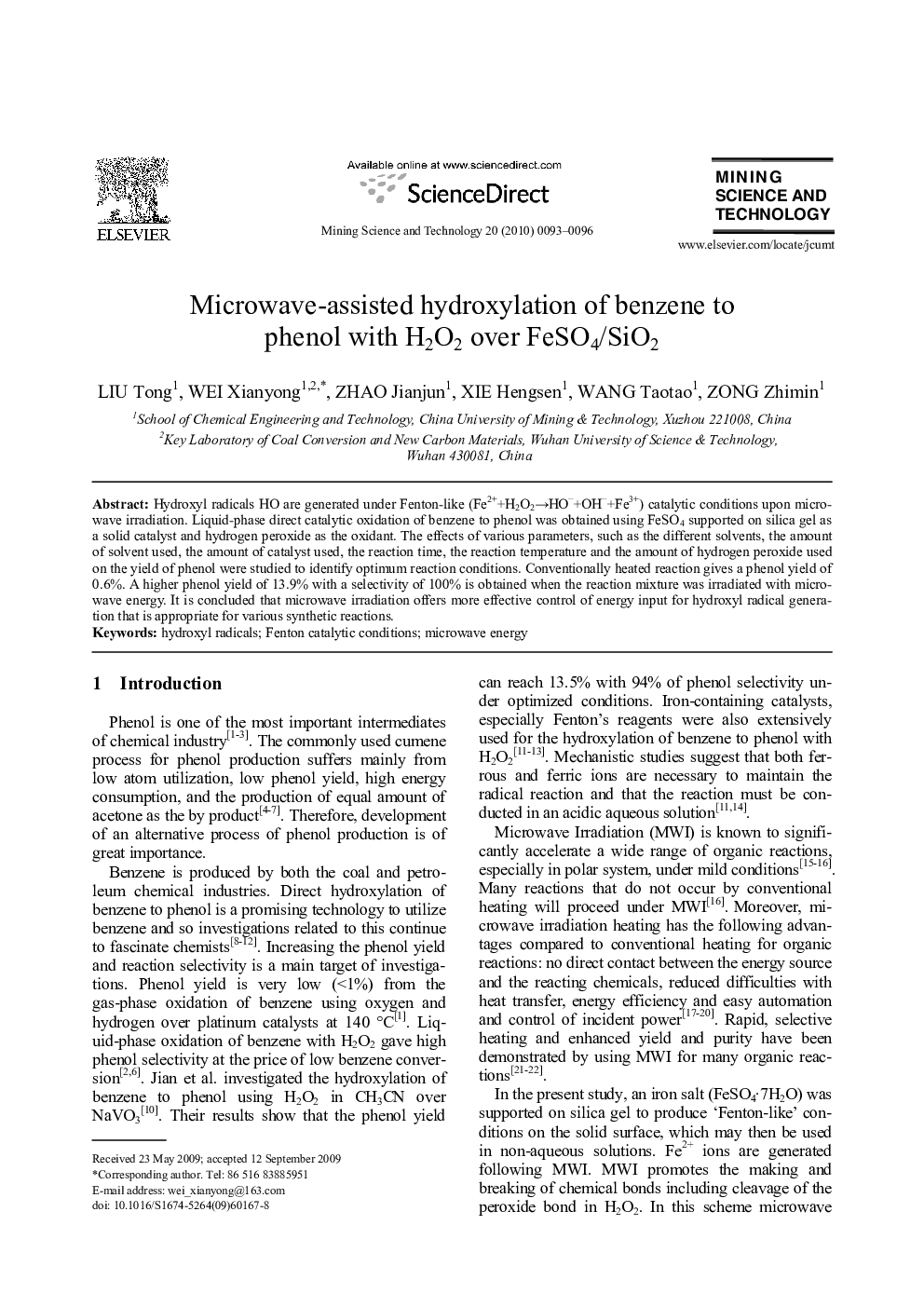 Microwave-assisted hydroxylation of benzene to phenol with H2O2 over FeSO4/SiO2