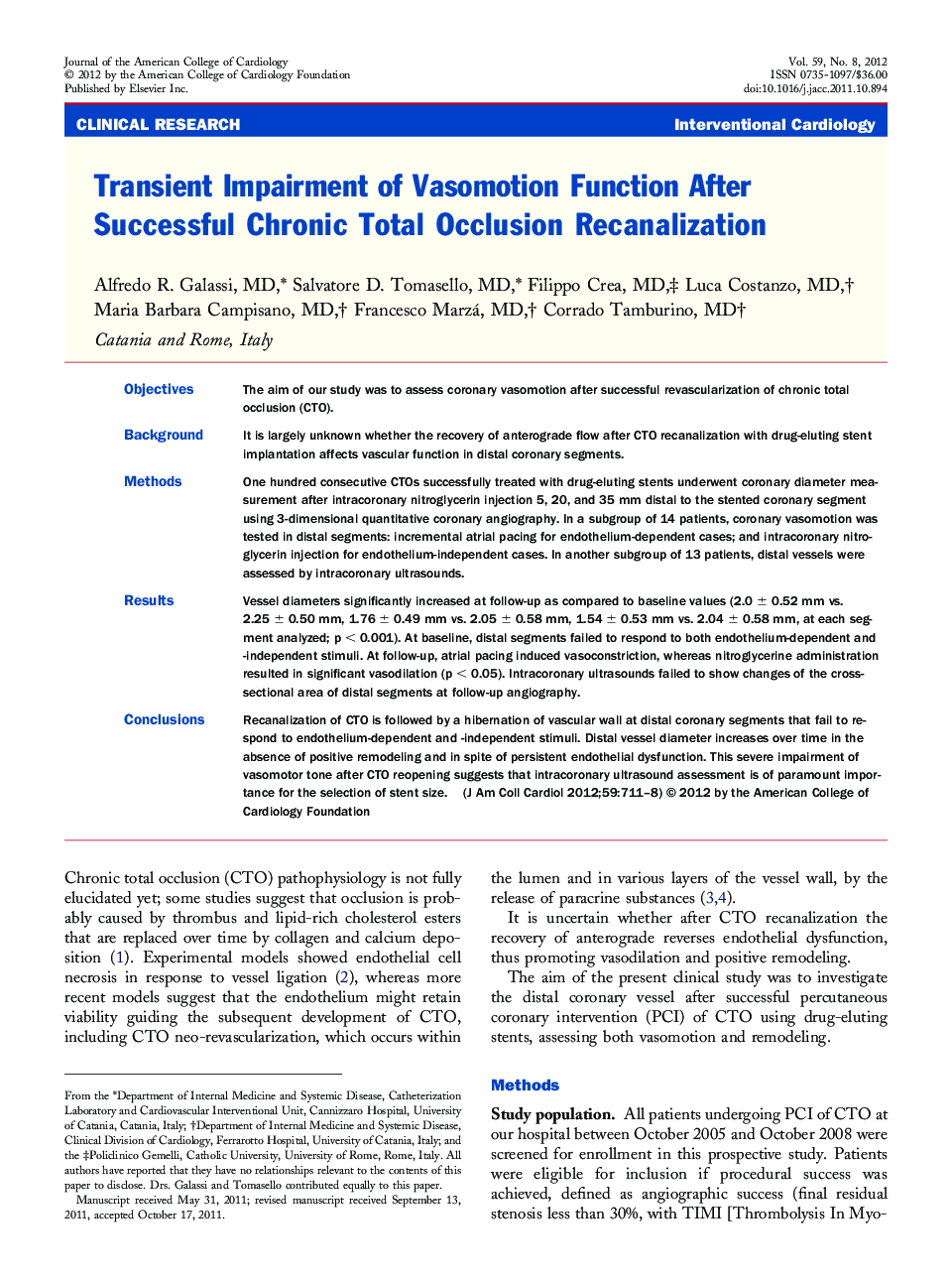 Transient Impairment of Vasomotion Function After Successful Chronic Total Occlusion Recanalization 