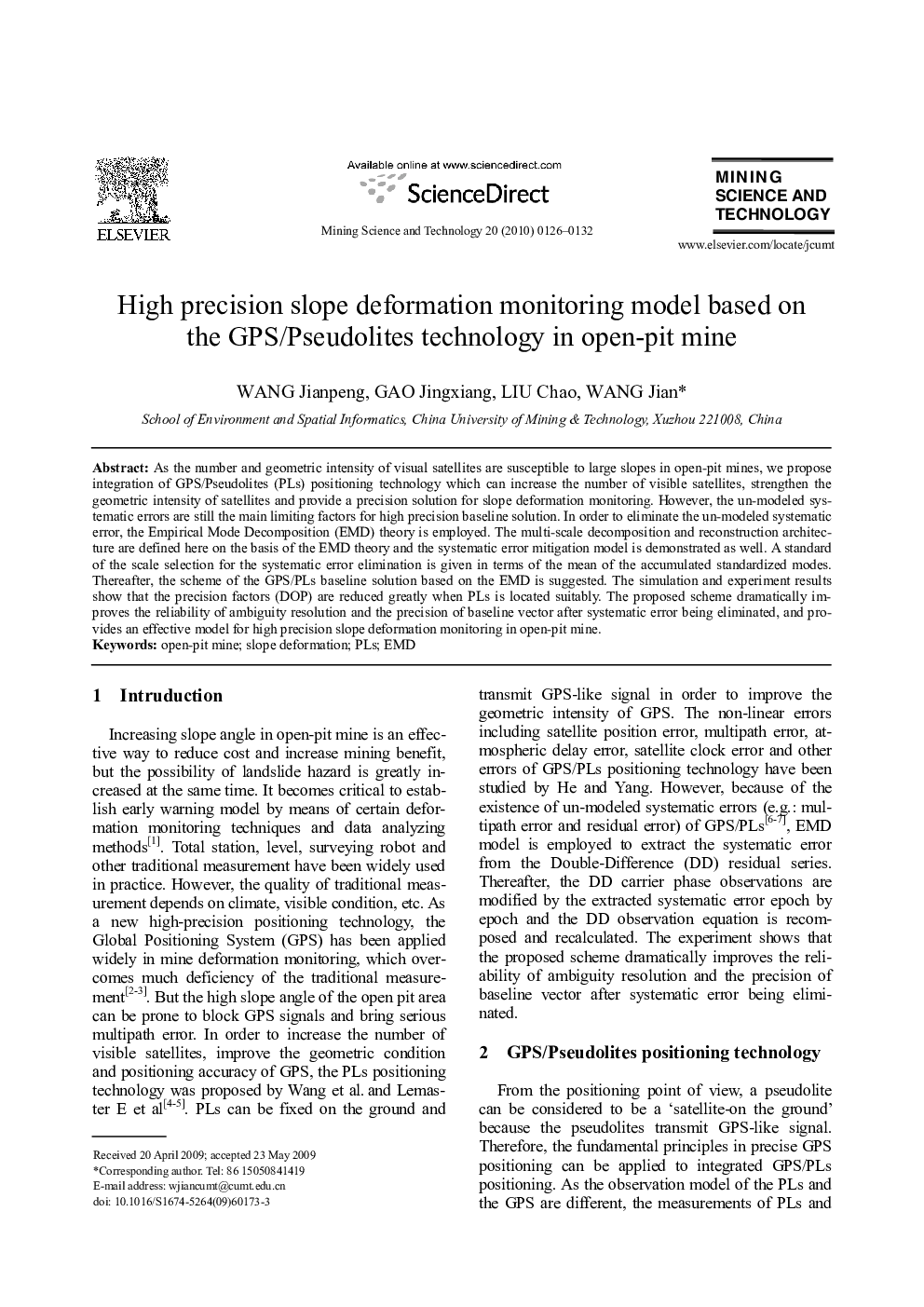 High precision slope deformation monitoring model based on the GPS/Pseudolites technology in open-pit mine