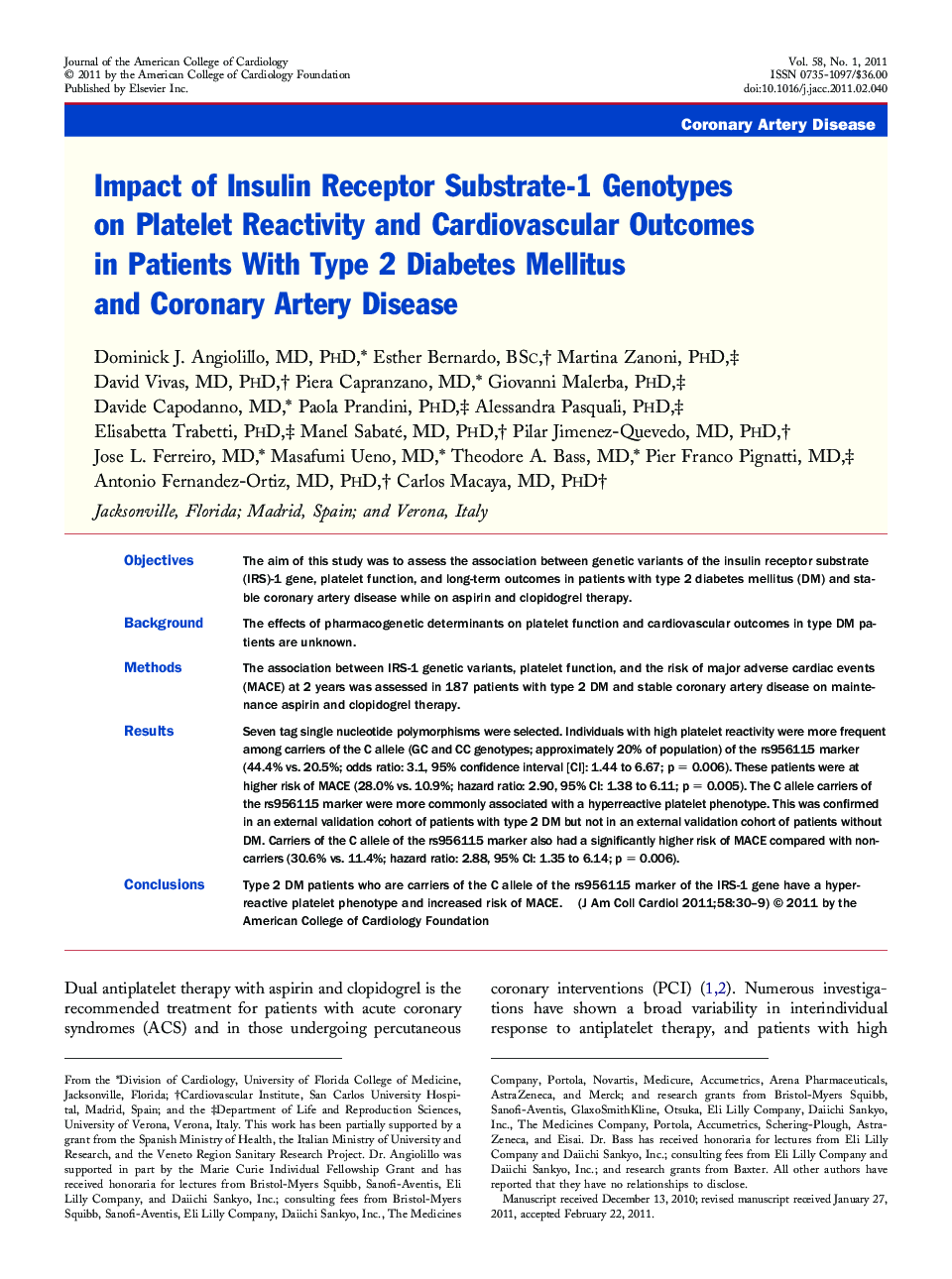 Impact of Insulin Receptor Substrate-1 Genotypes on Platelet Reactivity and Cardiovascular Outcomes in Patients With Type 2 Diabetes Mellitus and Coronary Artery Disease 