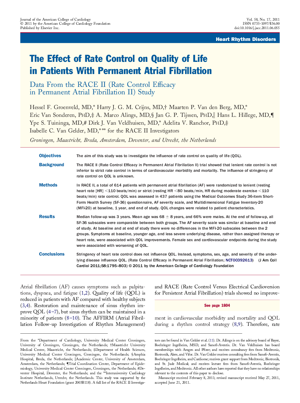 The Effect of Rate Control on Quality of Life in Patients With Permanent Atrial Fibrillation : Data From the RACE II (Rate Control Efficacy in Permanent Atrial Fibrillation II) Study