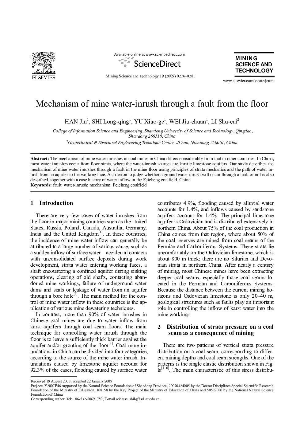 Mechanism of mine water-inrush through a fault from the floor 