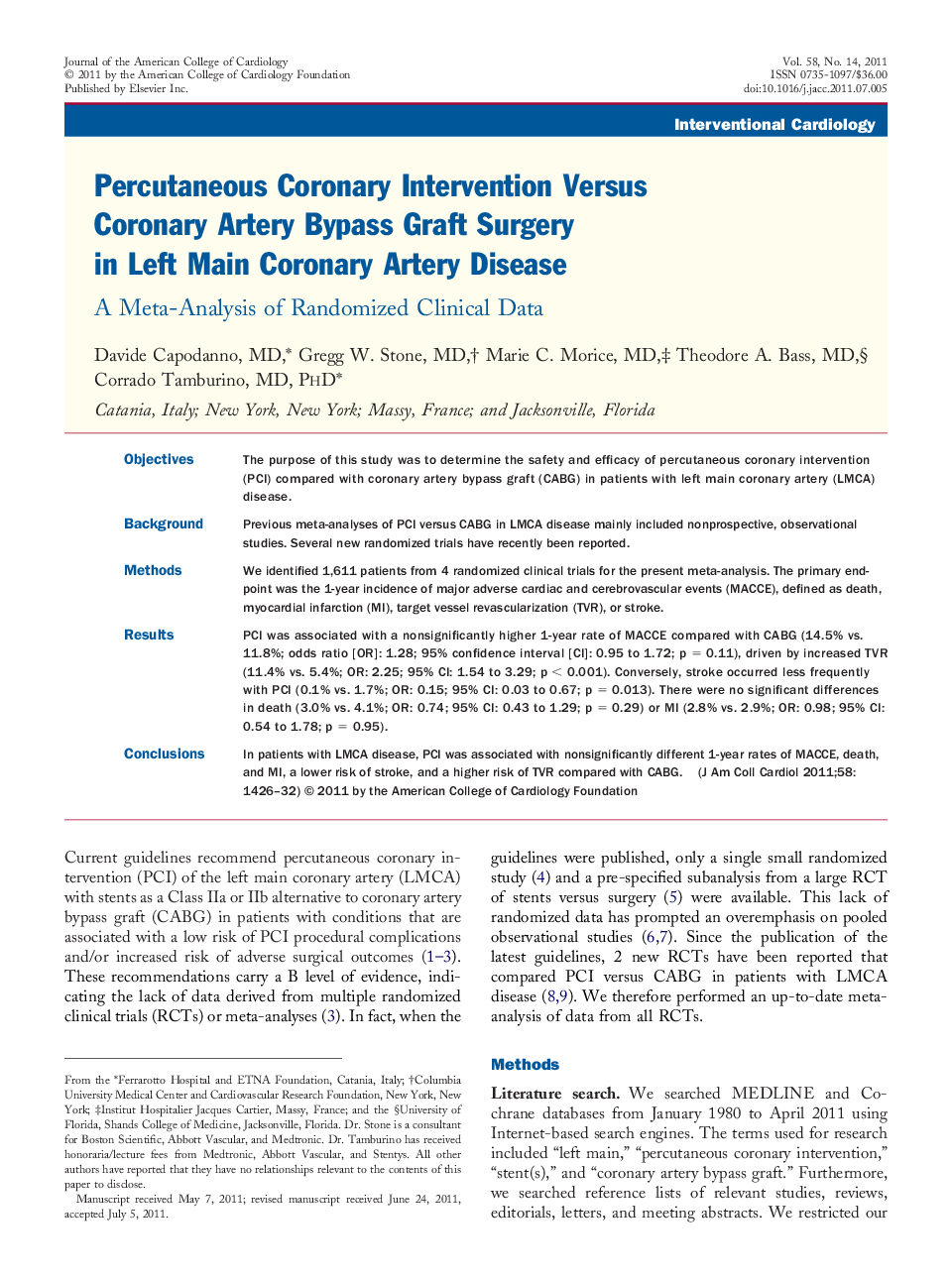 Percutaneous Coronary Intervention Versus Coronary Artery Bypass Graft Surgery in Left Main Coronary Artery Disease : A Meta-Analysis of Randomized Clinical Data