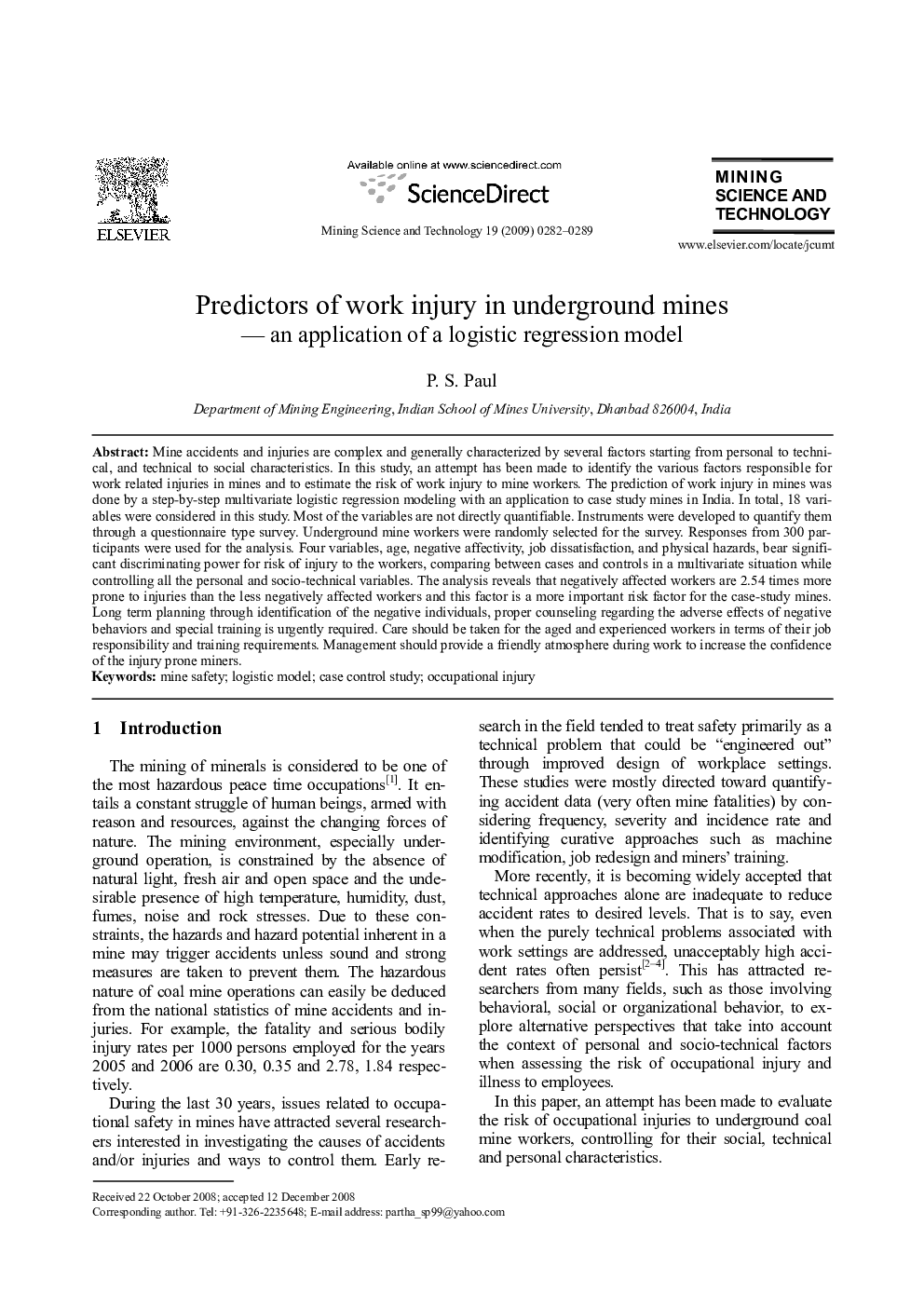 Predictors of work injury in underground mines — an application of a logistic regression model