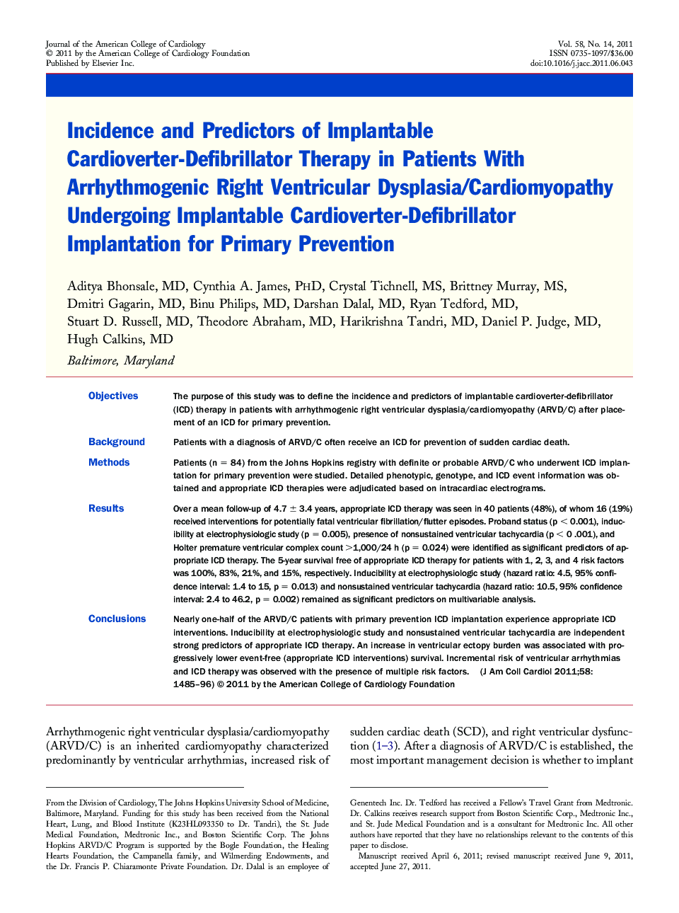 Incidence and Predictors of Implantable Cardioverter-Defibrillator Therapy in Patients With Arrhythmogenic Right Ventricular Dysplasia/Cardiomyopathy Undergoing Implantable Cardioverter-Defibrillator Implantation for Primary Prevention 