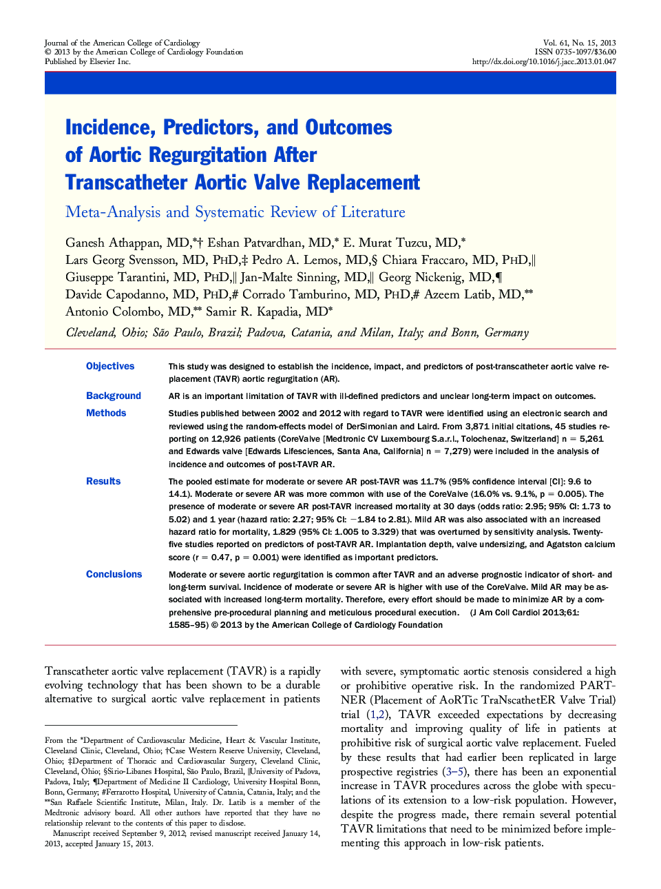 Incidence, Predictors, and Outcomes of Aortic Regurgitation After Transcatheter Aortic Valve Replacement : Meta-Analysis and Systematic Review of Literature