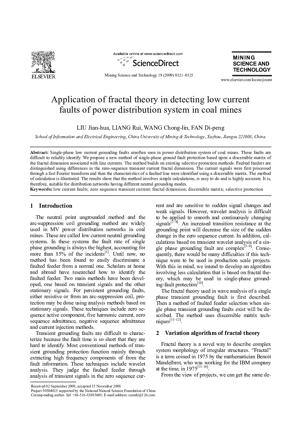 عکس صفحه اول مقاله: Application of fractal theory in detecting low current faults of power distribution system in coal mines Application of fractal theory in detecting low current faults of power distribution system in coal mines