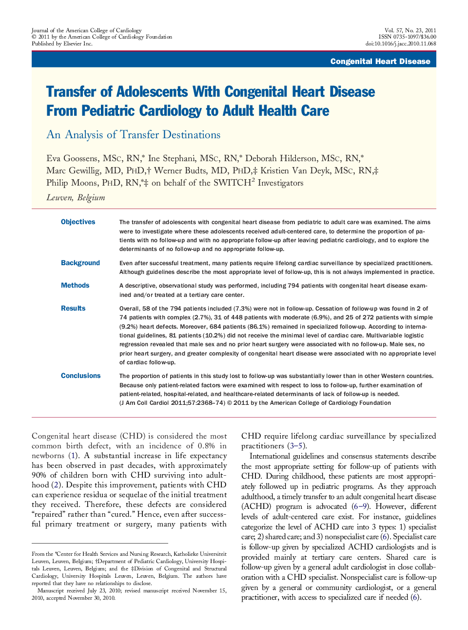 Transfer of Adolescents With Congenital Heart Disease From Pediatric Cardiology to Adult Health Care : An Analysis of Transfer Destinations