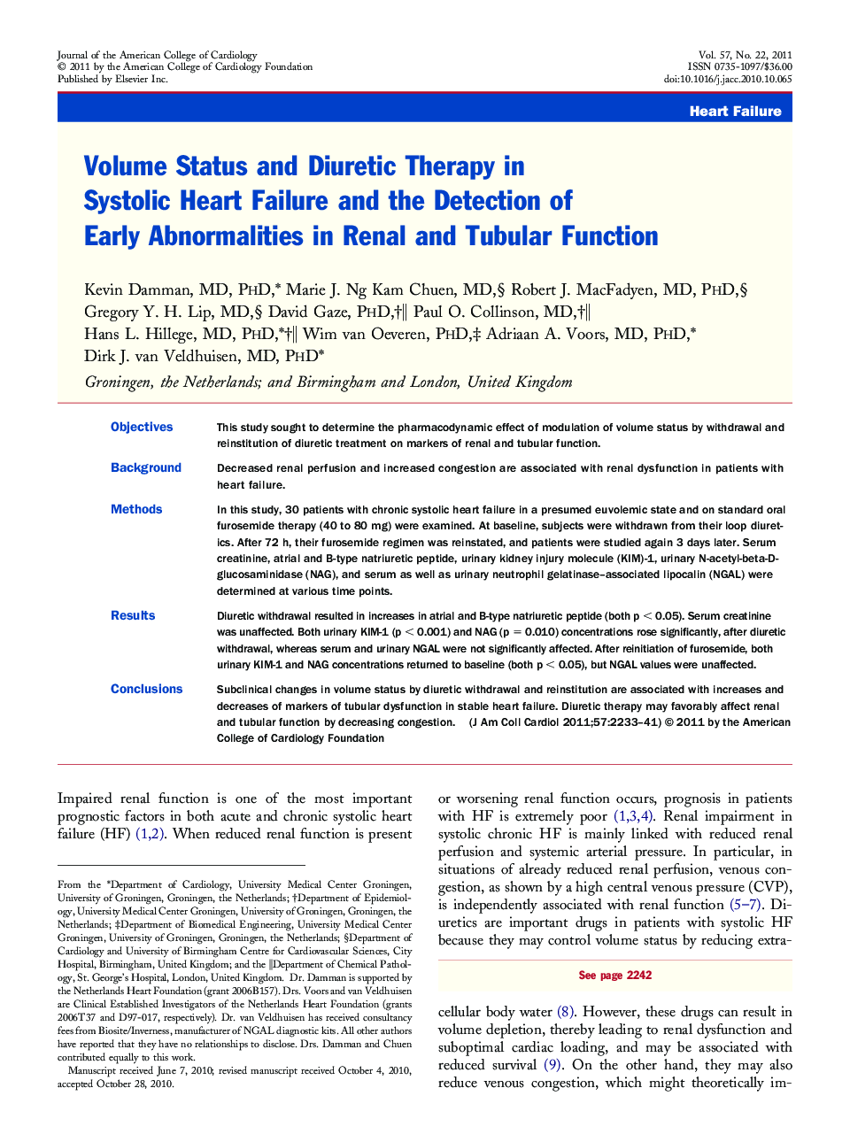 Volume Status and Diuretic Therapy in Systolic Heart Failure and the Detection of Early Abnormalities in Renal and Tubular Function 
