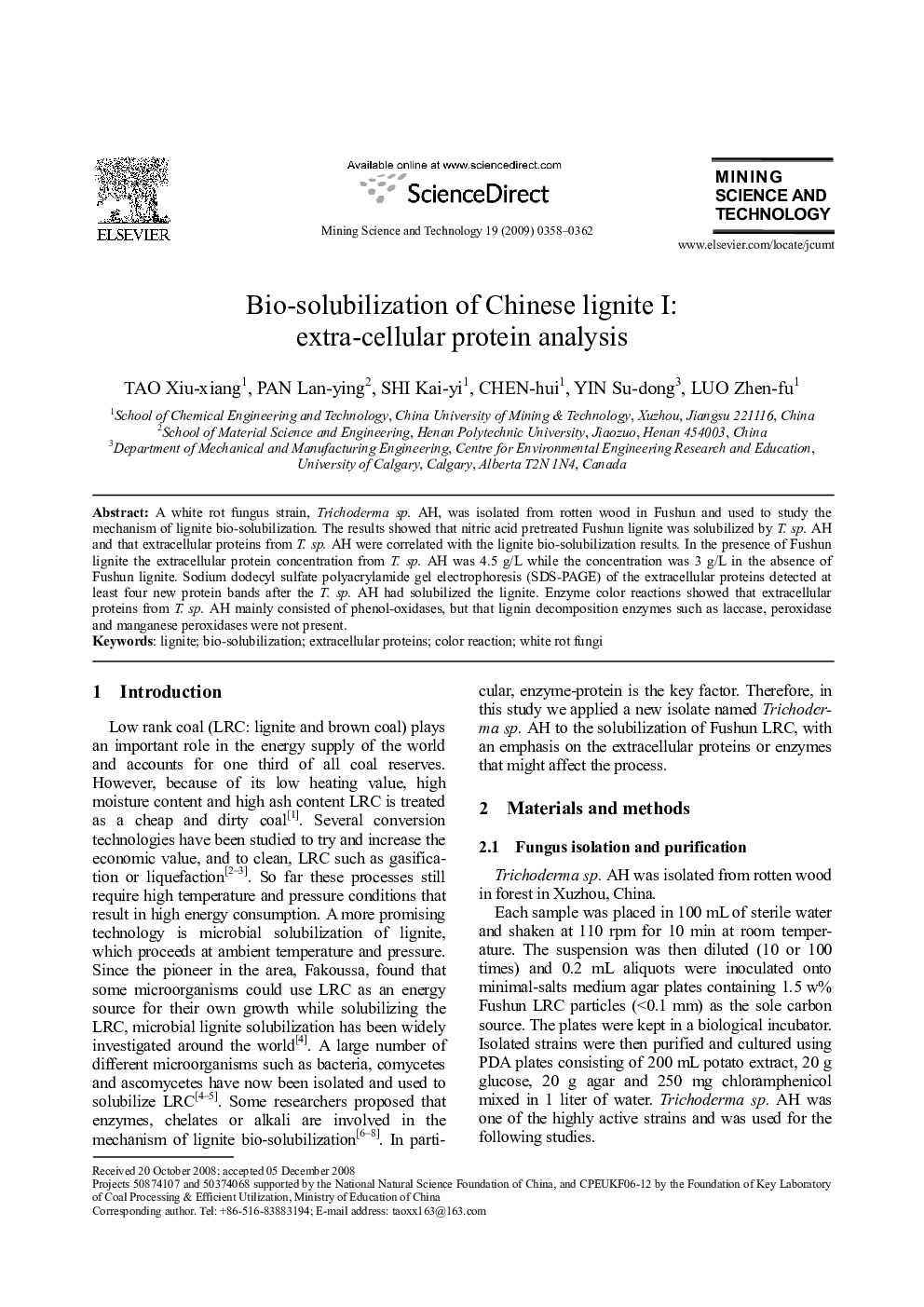 Bio-solubilization of Chinese lignite I: extra-cellular protein analysis 