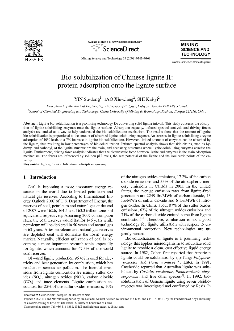 عکس صفحه اول مقاله: Bio-solubilization of Chinese lignite II: protein adsorption onto the lignite surface Bio-solubilization of Chinese lignite II: protein adsorption onto the lignite surface