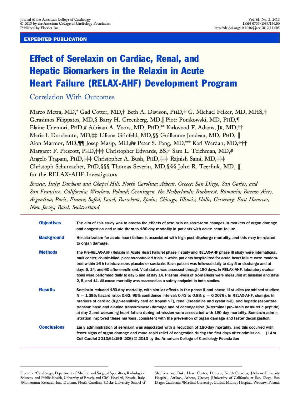 Effect of Serelaxin on Cardiac, Renal, and Hepatic Biomarkers in the Relaxin in Acute Heart Failure (RELAX-AHF) Development Program : Correlation With Outcomes