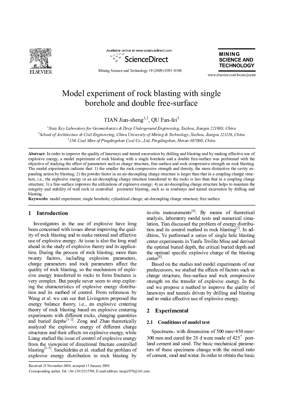 Model experiment of rock blasting with single borehole and double free-surface