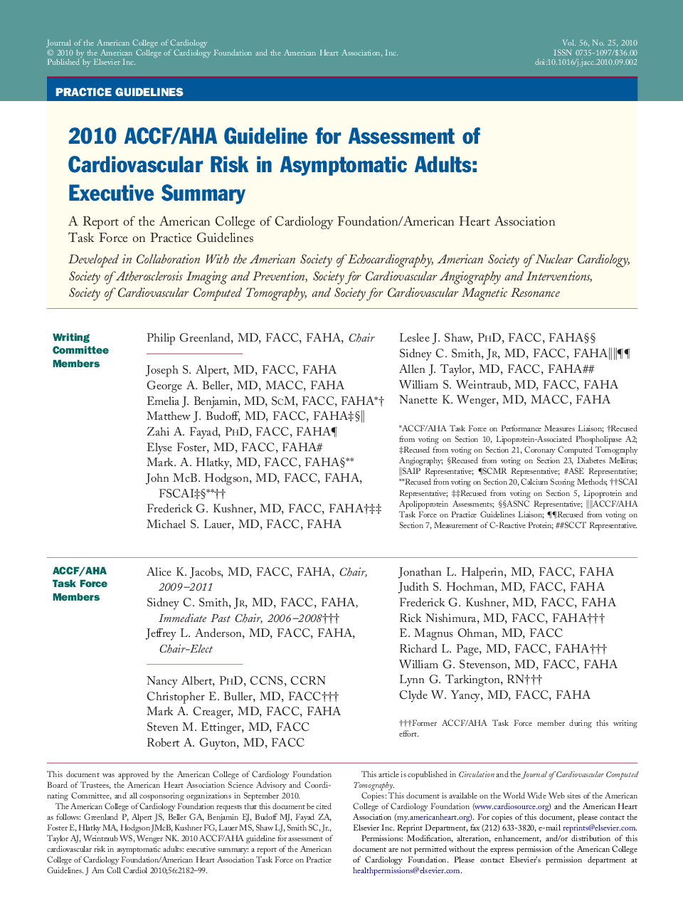 2010 ACCF/AHA Guideline for Assessment of Cardiovascular Risk in Asymptomatic Adults: Executive Summary