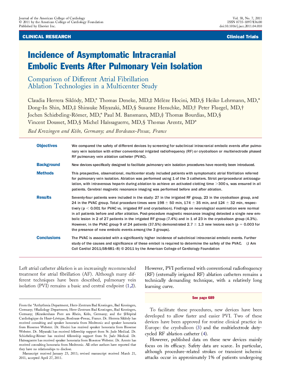 Incidence of Asymptomatic Intracranial Embolic Events After Pulmonary Vein Isolation : Comparison of Different Atrial Fibrillation Ablation Technologies in a Multicenter Study