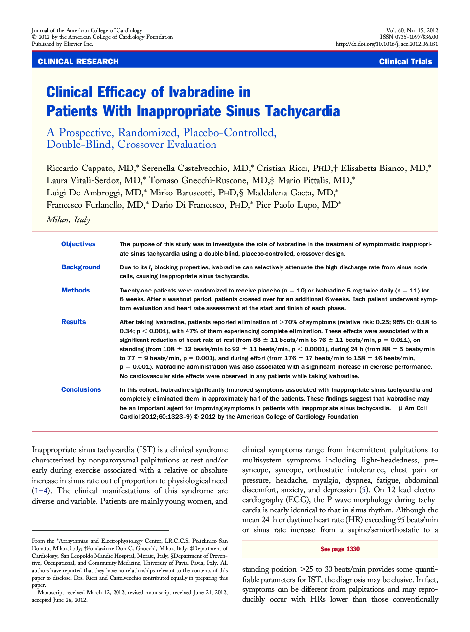 Clinical Efficacy of Ivabradine in Patients With Inappropriate Sinus Tachycardia : A Prospective, Randomized, Placebo-Controlled, Double-Blind, Crossover Evaluation