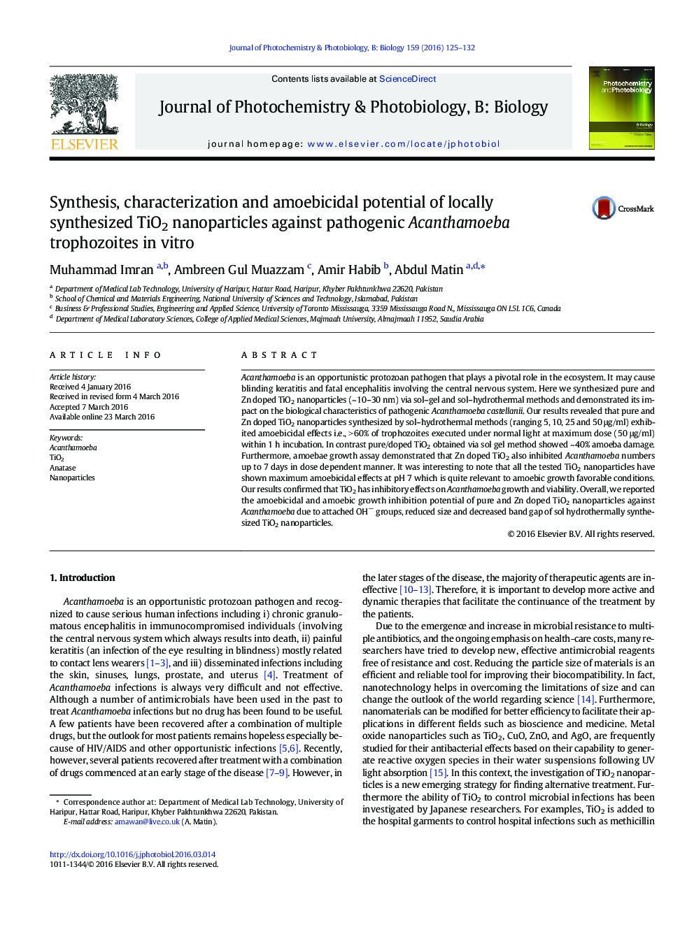 Synthesis, characterization and amoebicidal potential of locally synthesized TiO2 nanoparticles against pathogenic Acanthamoeba trophozoites in vitro