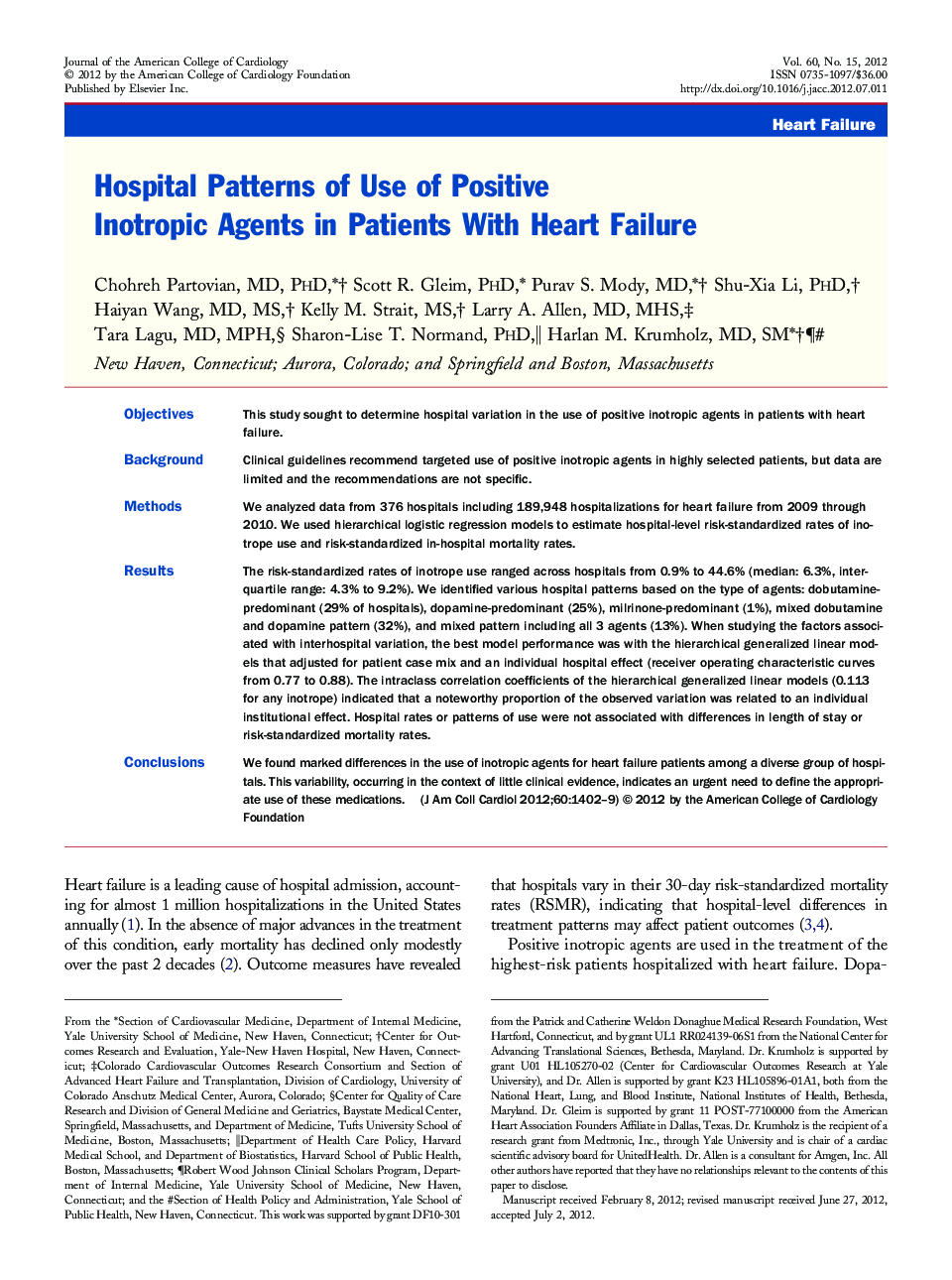 Hospital Patterns of Use of Positive Inotropic Agents in Patients With Heart Failure 