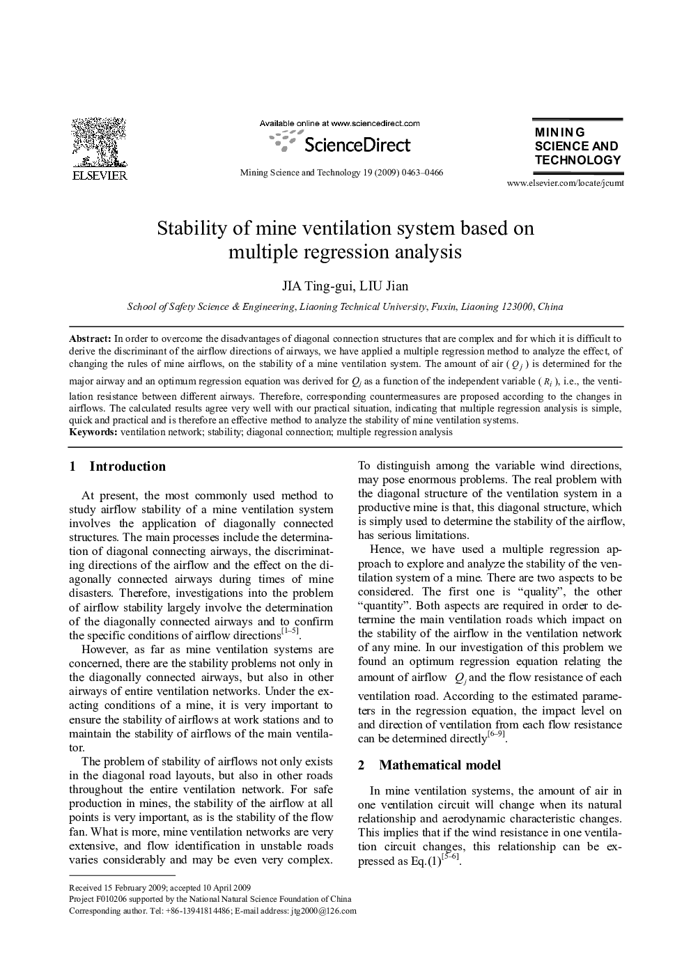 عکس صفحه اول مقاله: Stability of mine ventilation system based on multiple regression analysis Stability of mine ventilation system based on multiple regression analysis