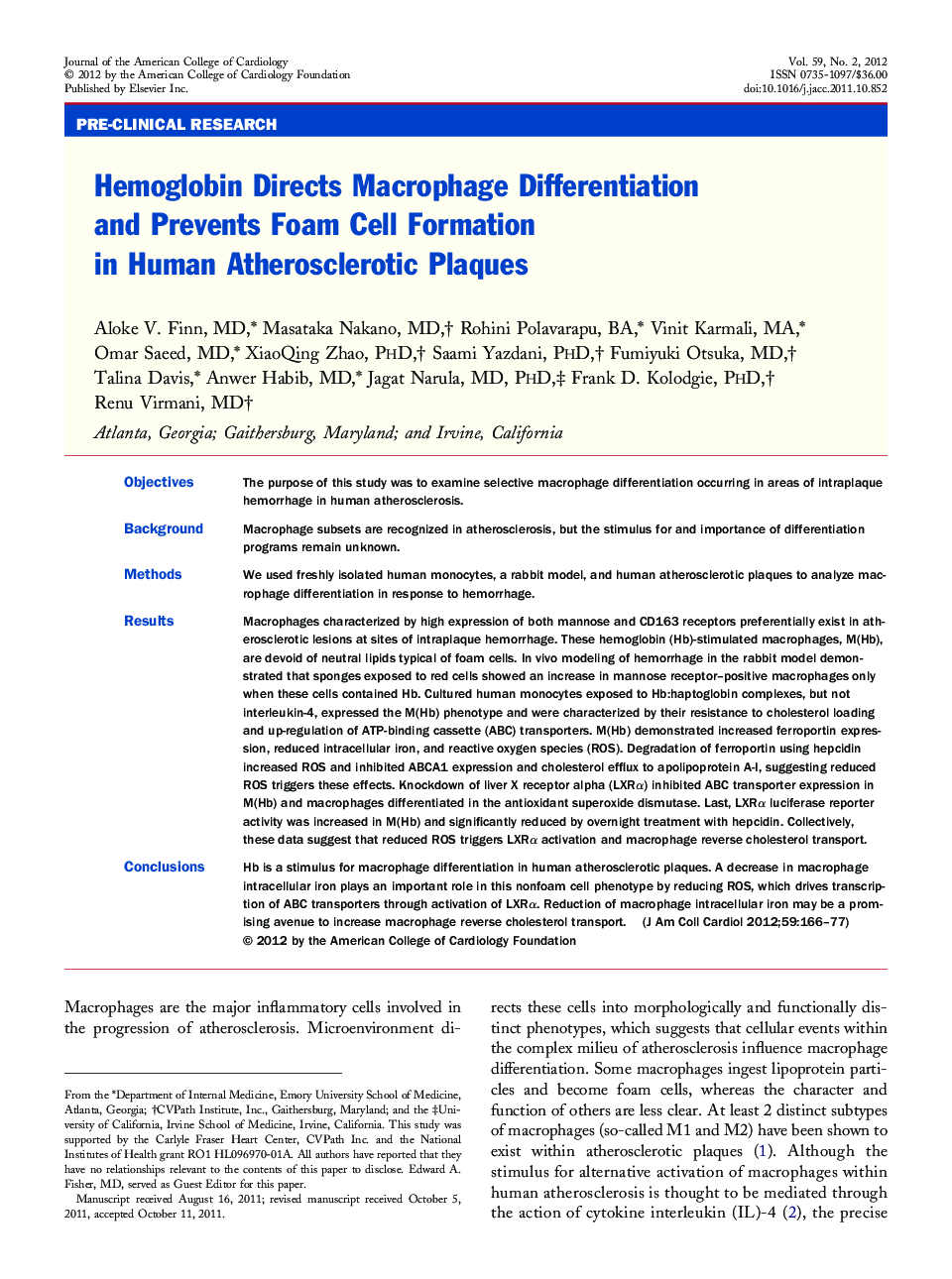 Hemoglobin Directs Macrophage Differentiation and Prevents Foam Cell Formation in Human Atherosclerotic Plaques 