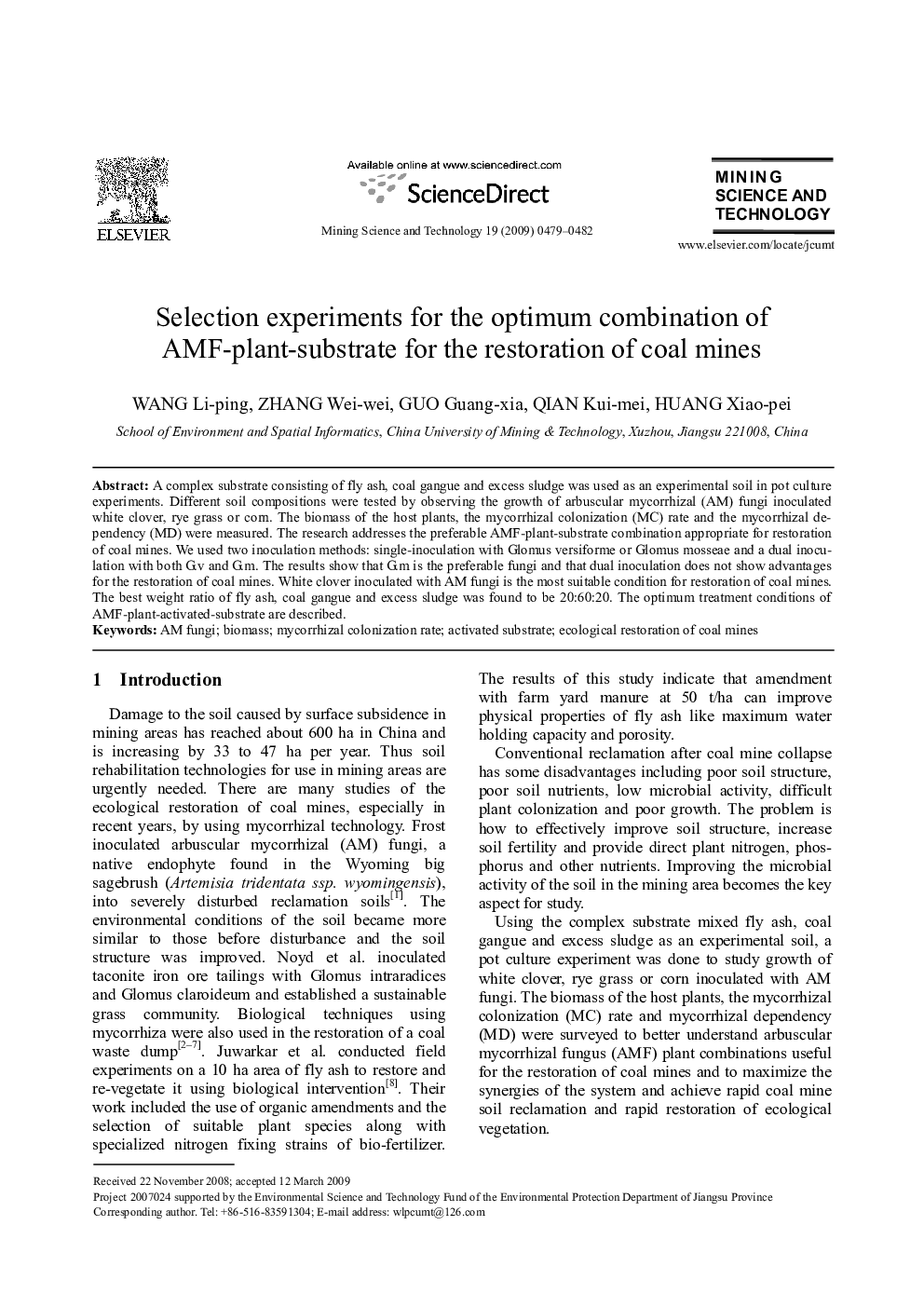 عکس صفحه اول مقاله: Selection experiments for the optimum combination of AMF-plant-substrate for the restoration of coal mines Selection experiments for the optimum combination of AMF-plant-substrate for the restoration of coal mines