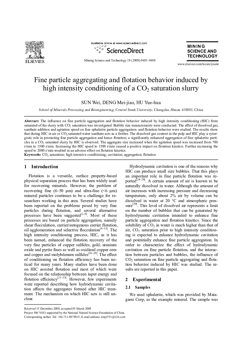 عکس صفحه اول مقاله: Fine particle aggregating and flotation behavior induced by high intensity conditioning of a CO2 saturation slurry Fine particle aggregating and flotation behavior induced by high intensity conditioning of a CO2 saturation slurry