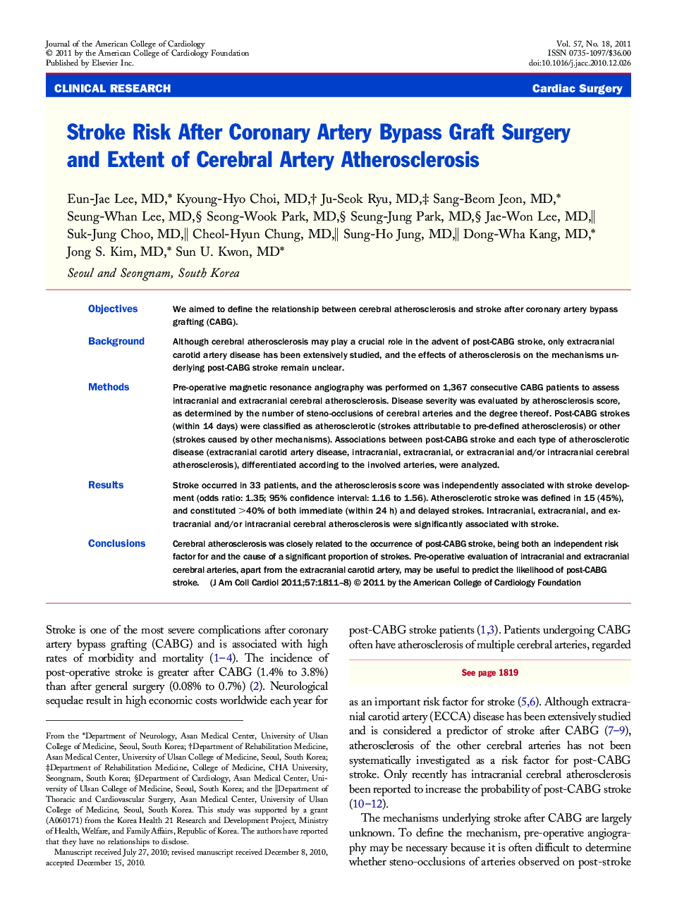 Stroke Risk After Coronary Artery Bypass Graft Surgery and Extent of Cerebral Artery Atherosclerosis 