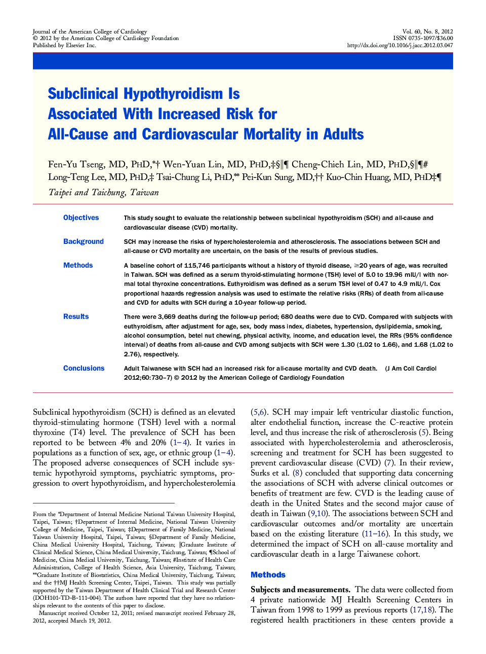 Subclinical Hypothyroidism Is Associated With Increased Risk for All-Cause and Cardiovascular Mortality in Adults 