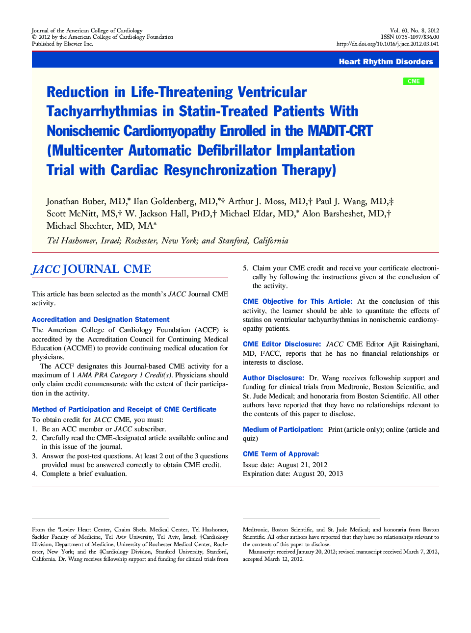 Reduction in Life-Threatening Ventricular Tachyarrhythmias in Statin-Treated Patients With Nonischemic Cardiomyopathy Enrolled in the MADIT-CRT (Multicenter Automatic Defibrillator Implantation Trial with Cardiac Resynchronization Therapy) 