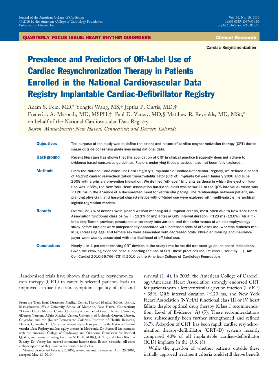 Prevalence and Predictors of Off-Label Use of Cardiac Resynchronization Therapy in Patients Enrolled in the National Cardiovascular Data Registry Implantable Cardiac-Defibrillator Registry 