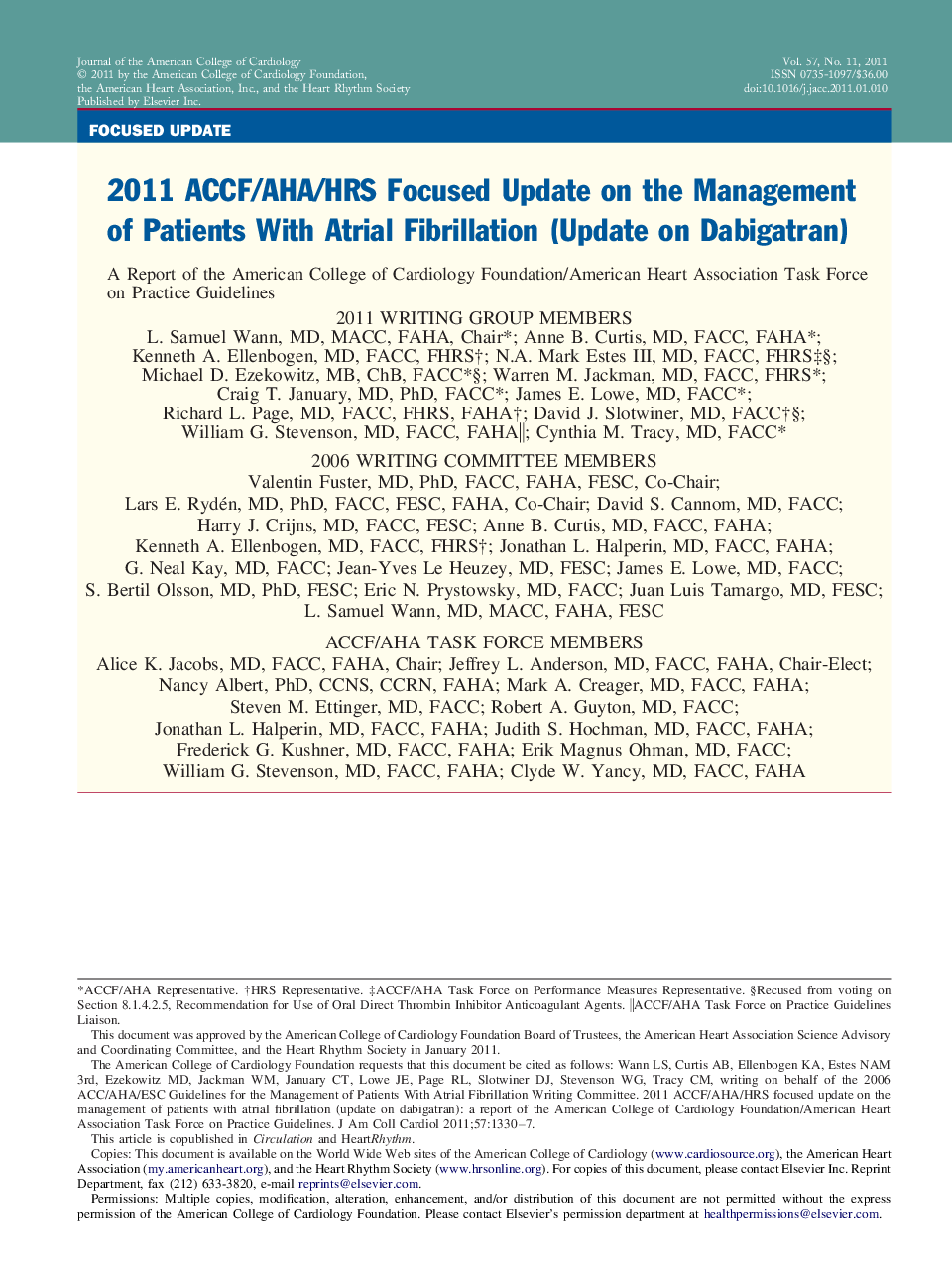 2011 ACCF/AHA/HRS Focused Update on the Management of Patients With Atrial Fibrillation (Update on Dabigatran)