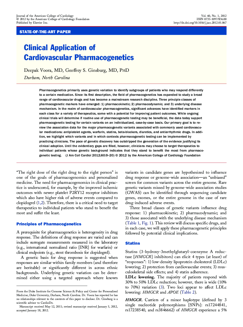 Clinical Application of Cardiovascular Pharmacogenetics 