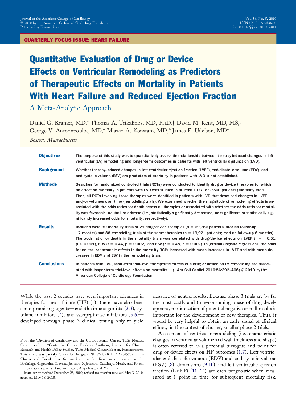 Quantitative Evaluation of Drug or Device Effects on Ventricular Remodeling as Predictors of Therapeutic Effects on Mortality in Patients With Heart Failure and Reduced Ejection Fraction : A Meta-Analytic Approach