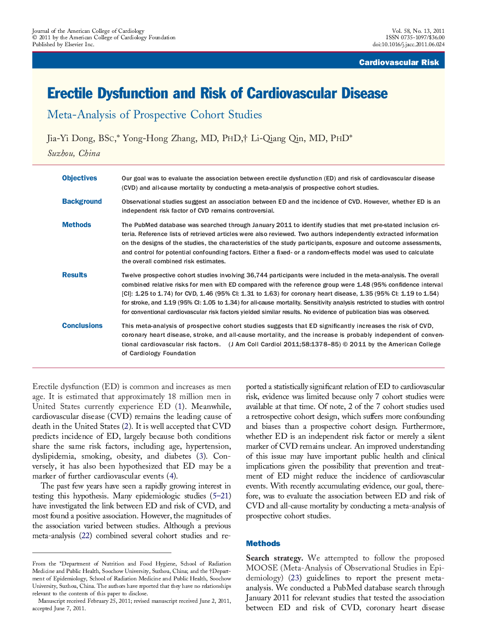 Erectile Dysfunction and Risk of Cardiovascular Disease : Meta-Analysis of Prospective Cohort Studies