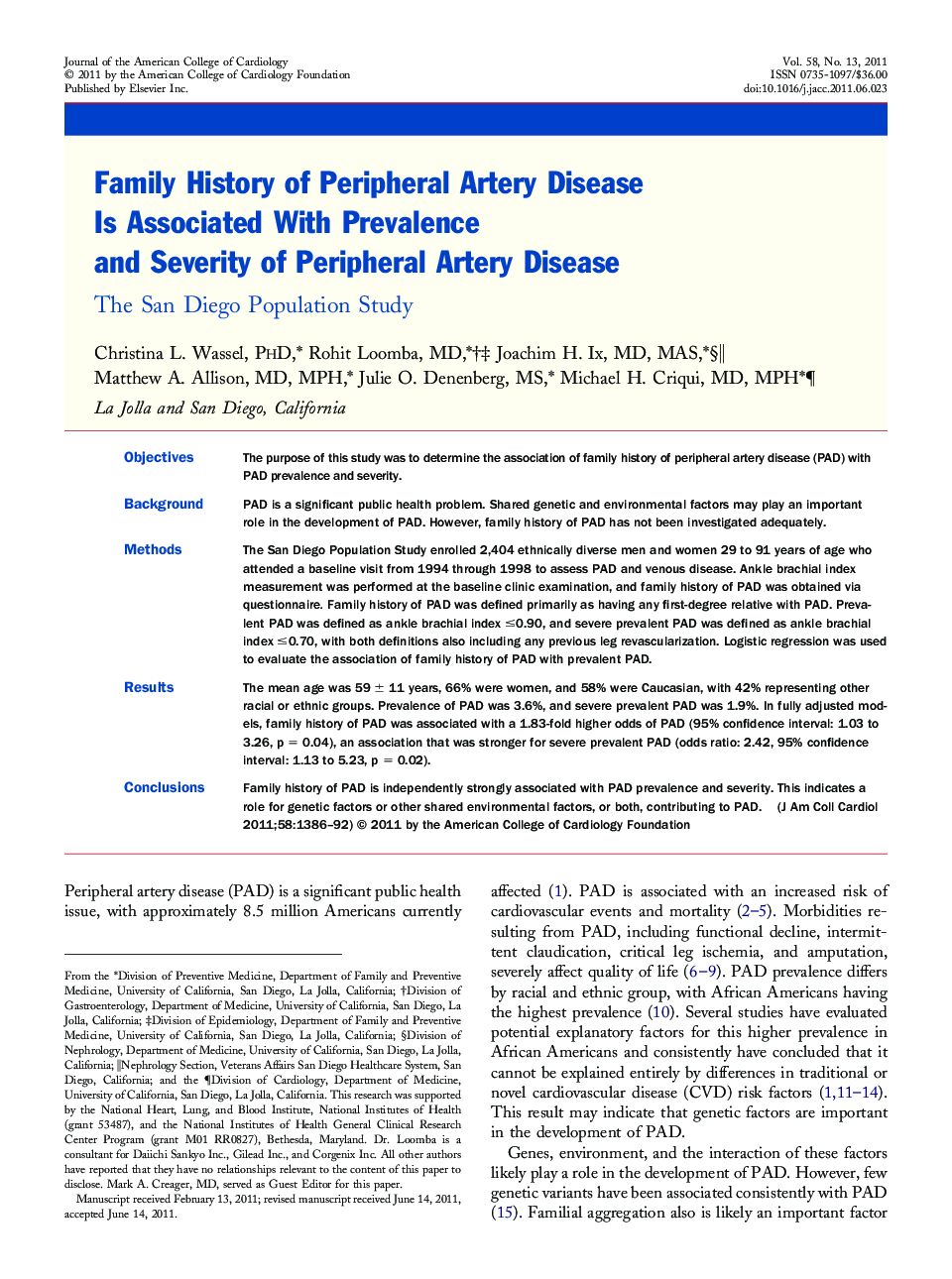 Family History of Peripheral Artery Disease Is Associated With Prevalence and Severity of Peripheral Artery Disease : The San Diego Population Study